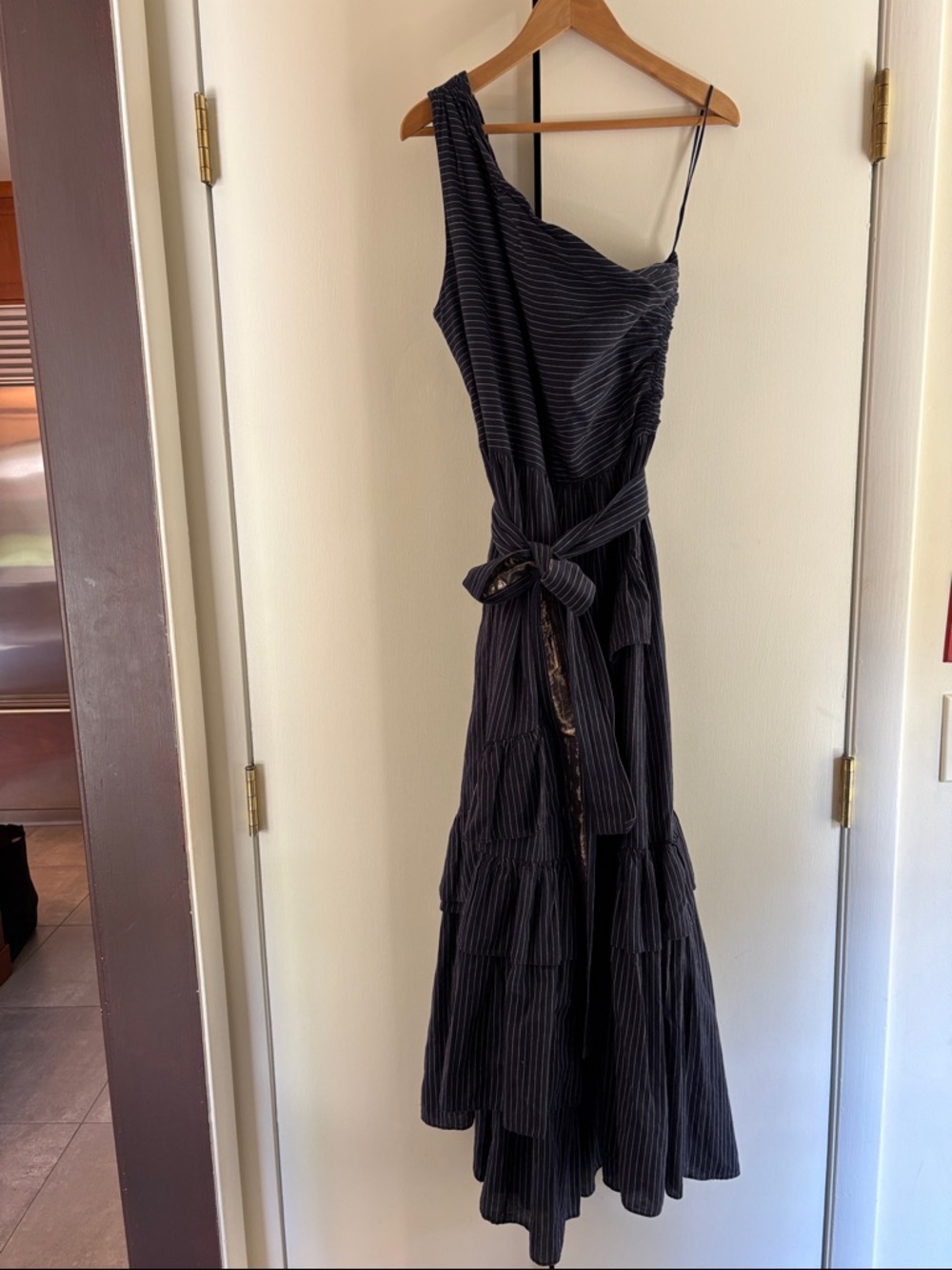 Ulla Johnson Blue Pinstripe One-Shoulder Maxi Dress - Picture 2 of 9